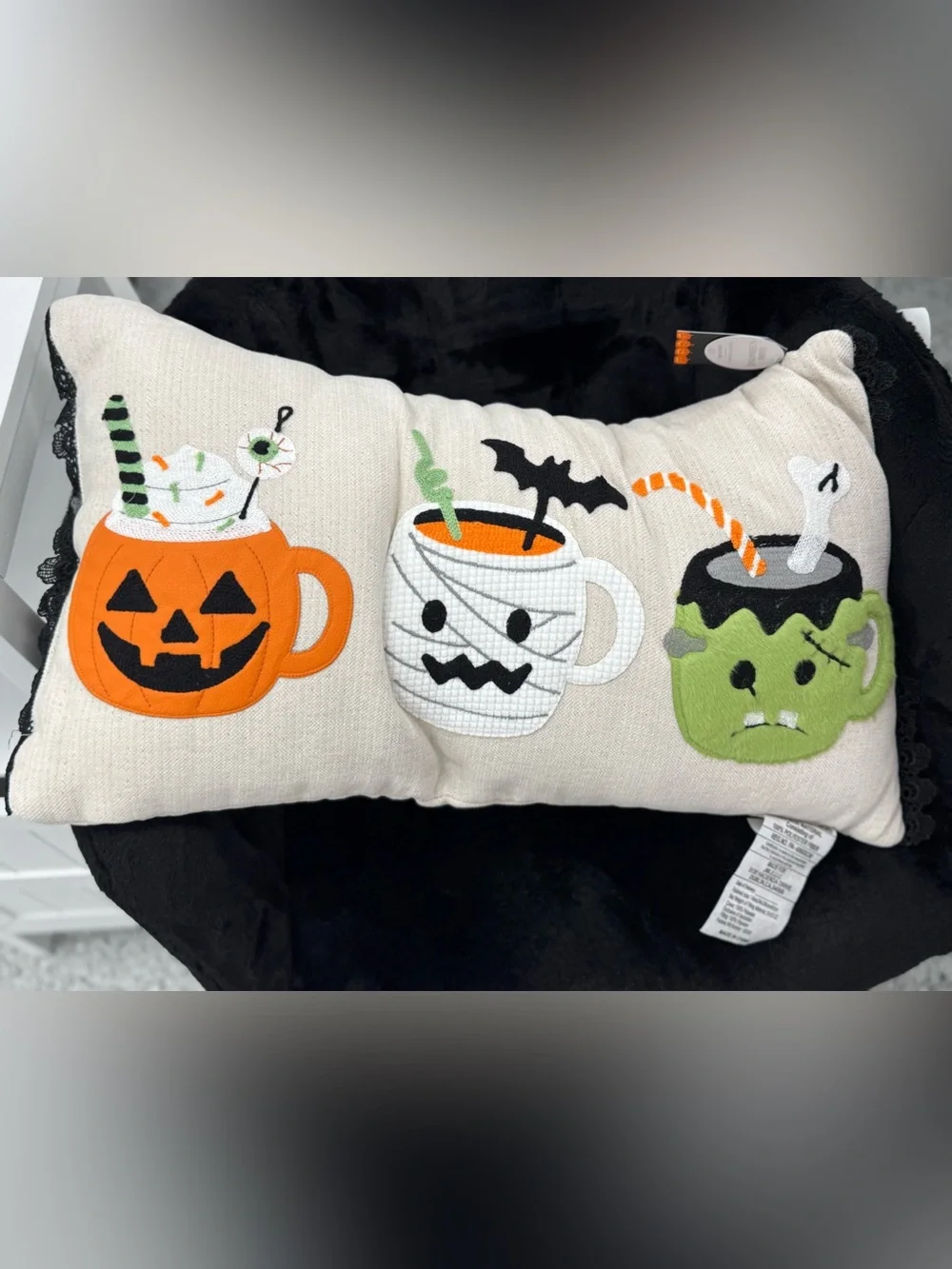 Halloween Mug Trio Decorative Pillow - White/Orange/Green